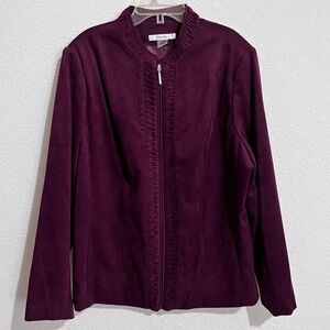 TanJay Wine Merlot Burgundy Brushed Faux Suede Front Zip Jacket Blazer 18
